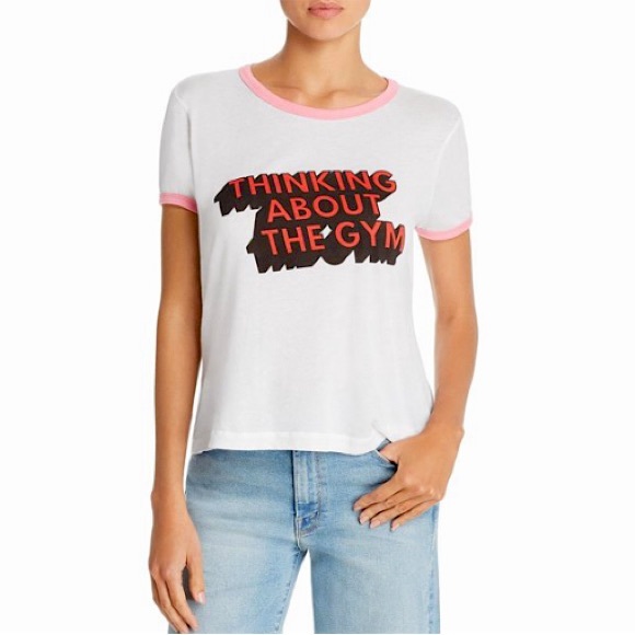 WILD FOX Pink Contrast Trim Thinking About Going To The Gym Slogan Tee Sz MD NWT - Picture 7 of 13